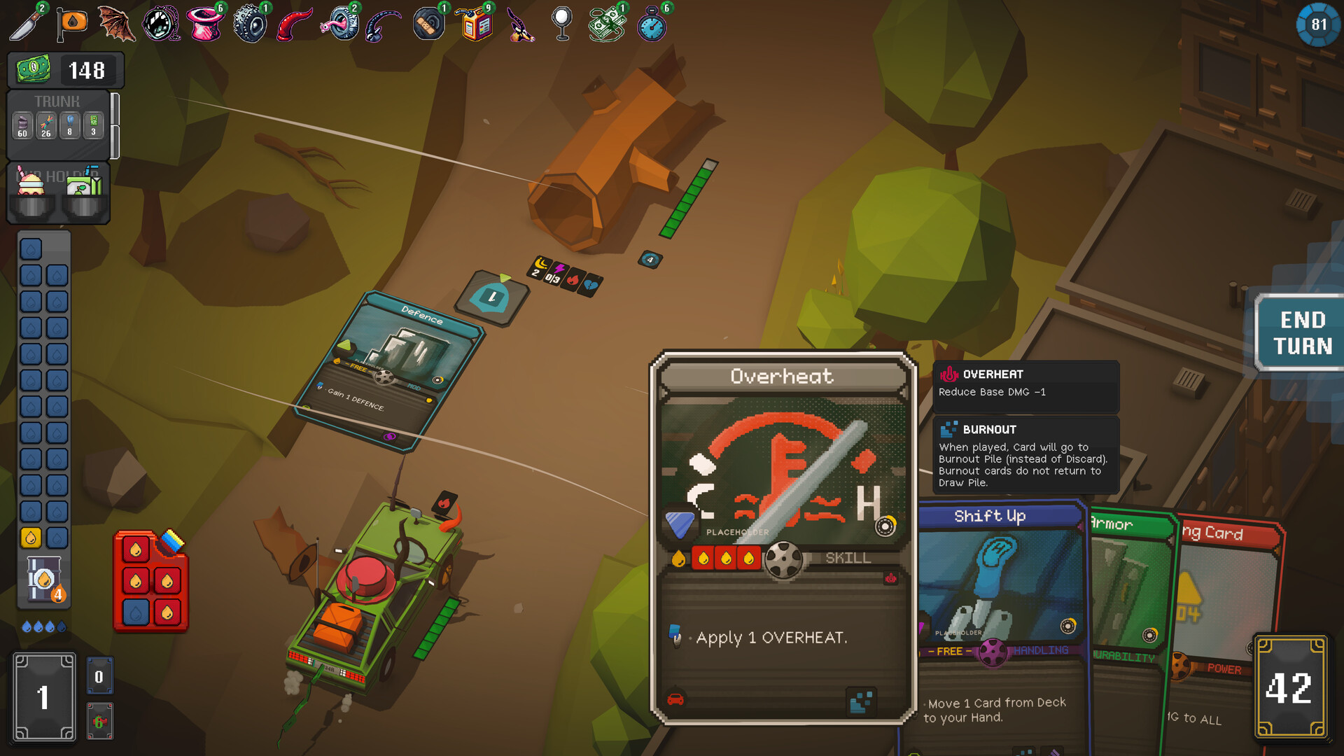 Rogue Wheels forest encounter featuring the Overheat card