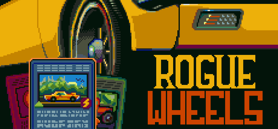 Rogue Wheels pixel art logo with a yellow car, road and a fan of cards